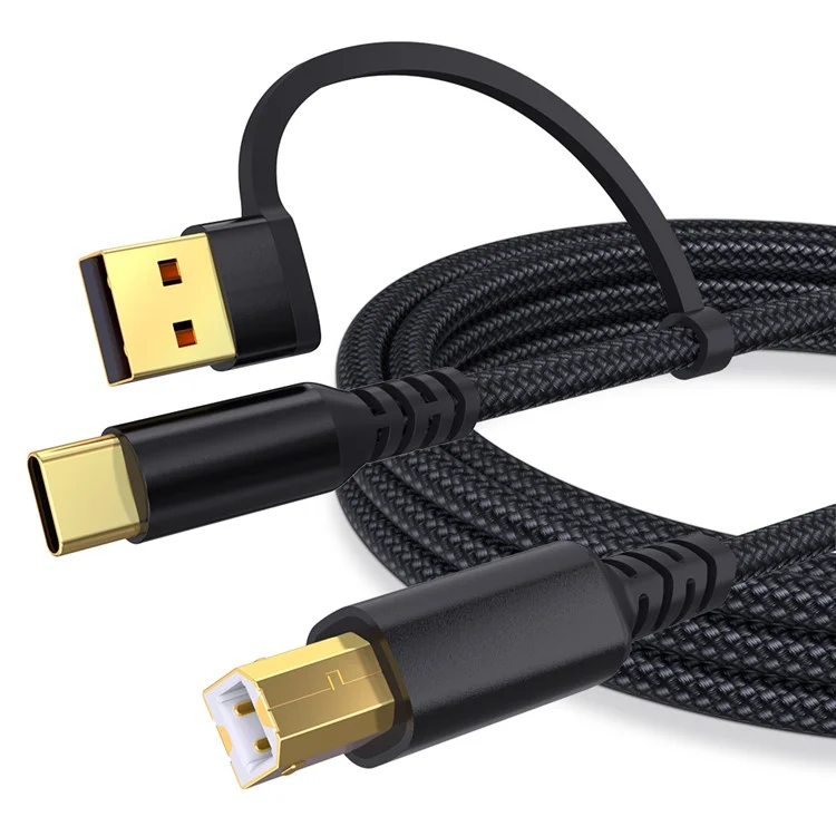 Câble d'imprimante USB / Type-C vers USB Type-B carré 2 en 1 tressé pour connexion d'impression - Noir