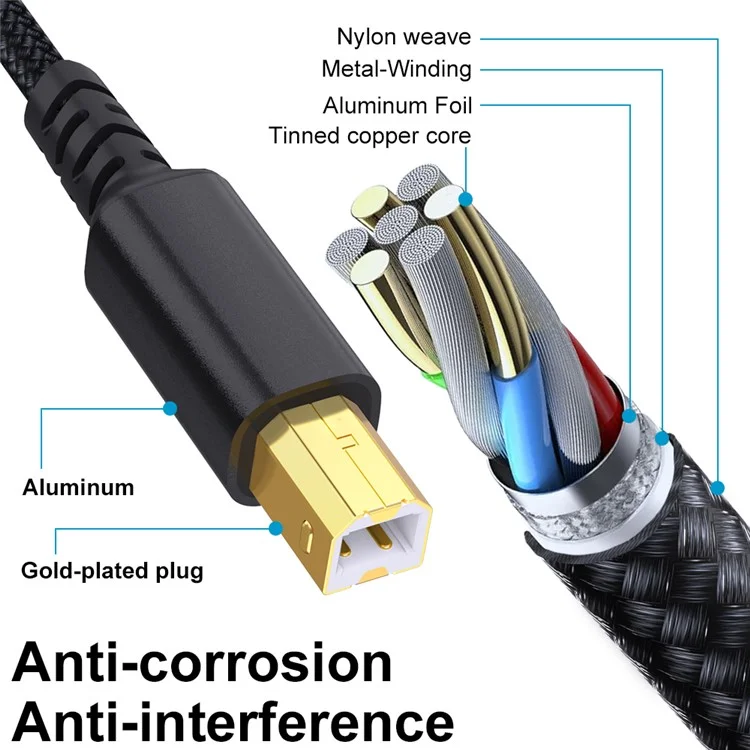 Câble d'imprimante USB / Type-C vers USB Type-B carré 2 en 1 tressé pour connexion d'impression - Noir