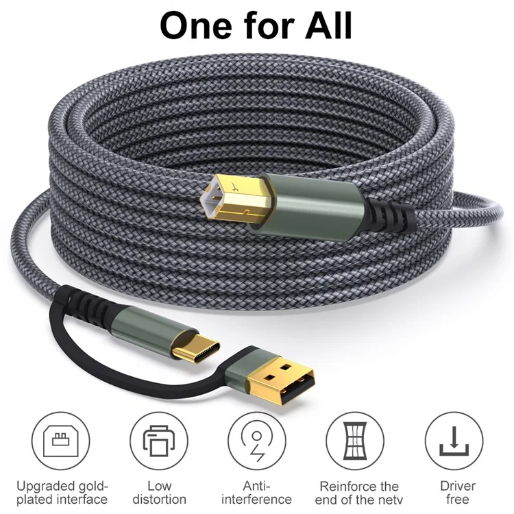 Cable de impresora USB / Tipo-C a USB Tipo-B cuadrado de 2 en 1 trenzado para conexión de impresión - Gris