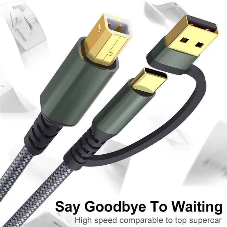 Cable de impresora USB / Tipo-C a USB Tipo-B cuadrado de 2 en 1 trenzado para conexión de impresión - Gris