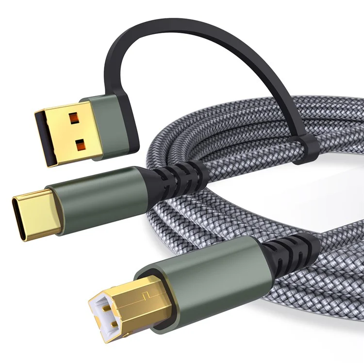 Cable de impresora USB / Tipo-C a USB Tipo-B cuadrado de 2 en 1 trenzado para conexión de impresión - Gris
