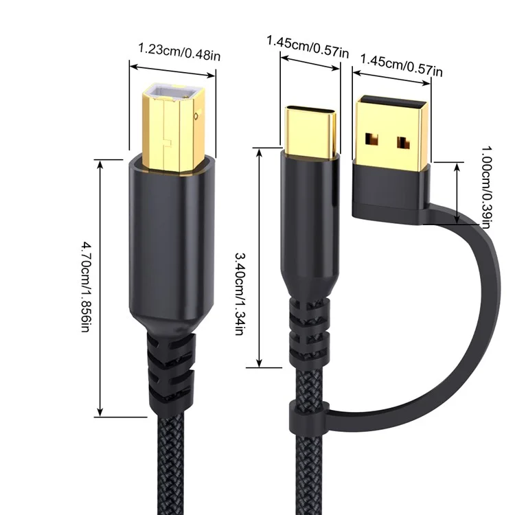 1m USB / Type-C to Square USB Type-B 2 in 1 Printer Cable Braided Printing Connection Cord - Black