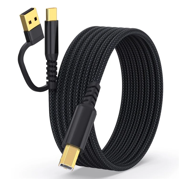 2m USB / Type-C to Square USB Type-B 2 in 1 Printer Cable Braided Printing Connection Cord - Black