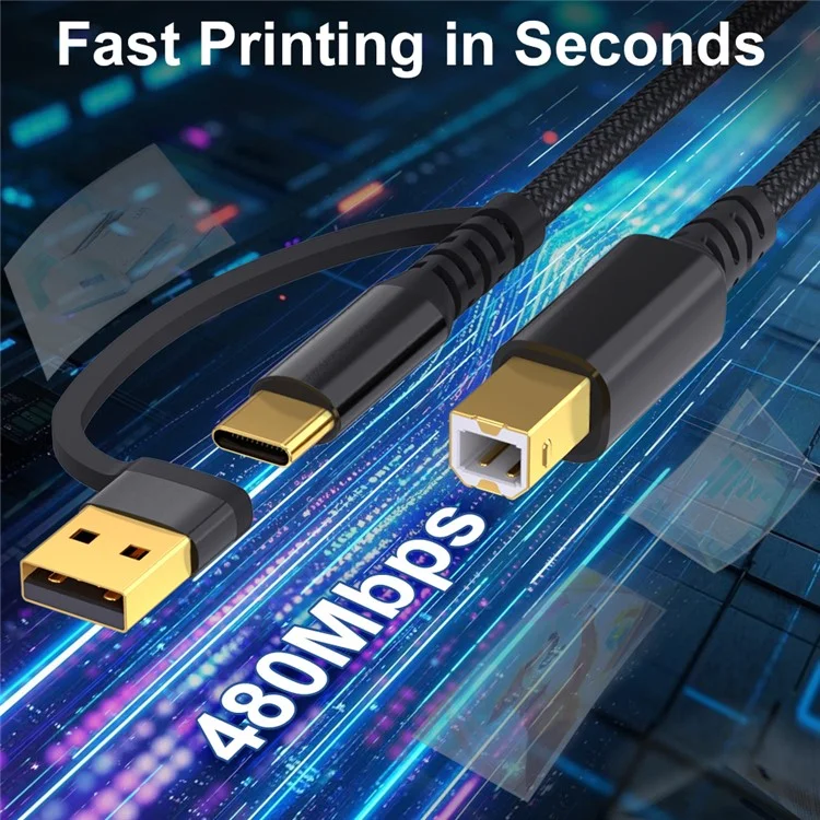 2m USB / Type-C to Square USB Type-B 2 in 1 Printer Cable Braided Printing Connection Cord - Black