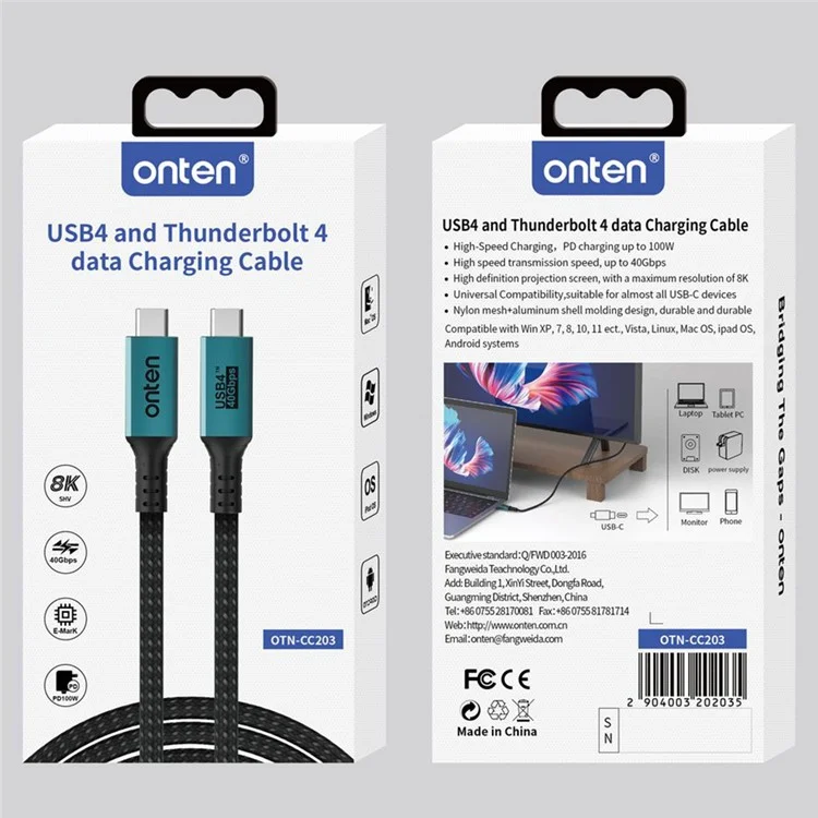 ONTEN 1m OTN-CC203 USB4 Cable 40Gbps PD 100W Charging Full Function Braided Video Data Cable
