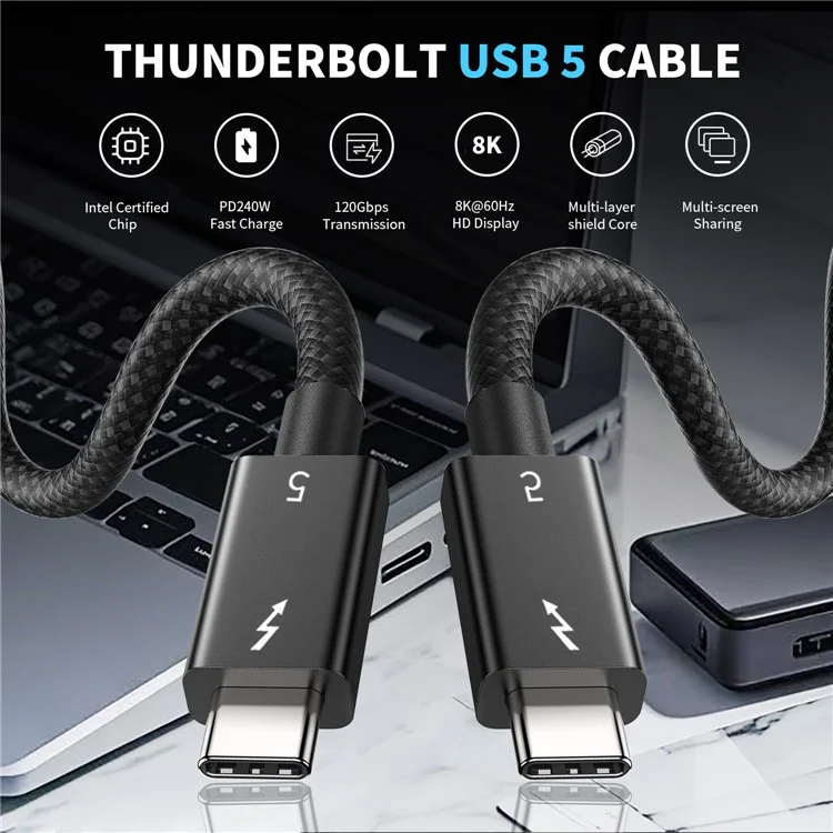 2m 80Gbps Ultra-Fast Thunderbolt 5 USB Type-C Cable Supports 8K 60Hz Display PD 240W Charging Power