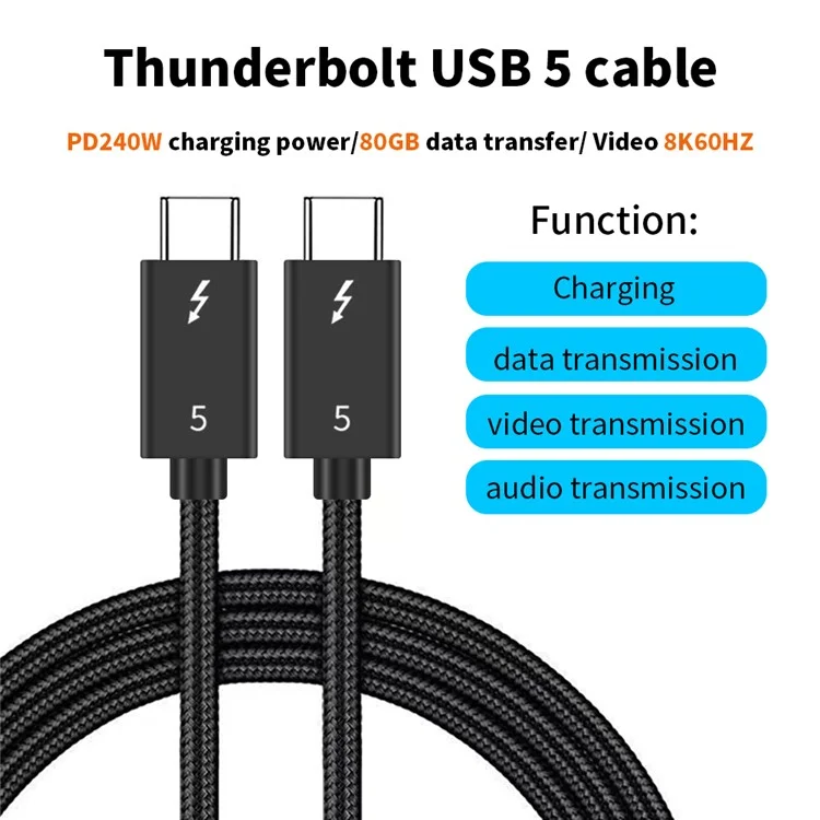 2m 80Gbps Ultra-Fast Thunderbolt 5 USB Type-C Cable Supports 8K 60Hz Display PD 240W Charging Power