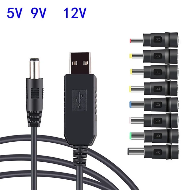 USB to DC 5V / 9V / 12V Step Up Converter Cable Multi-Function Voltage Conversion Cord with 8 Adapter Plugs - 12V Cable