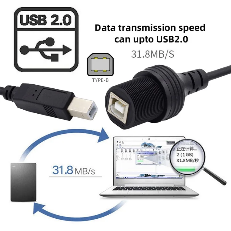 U2-022-1.0M 1m Waterproof 480Mbps USB2.0 Standard B Type Male to Female Extension Data Power Cable Car Panel Mount Design Cord