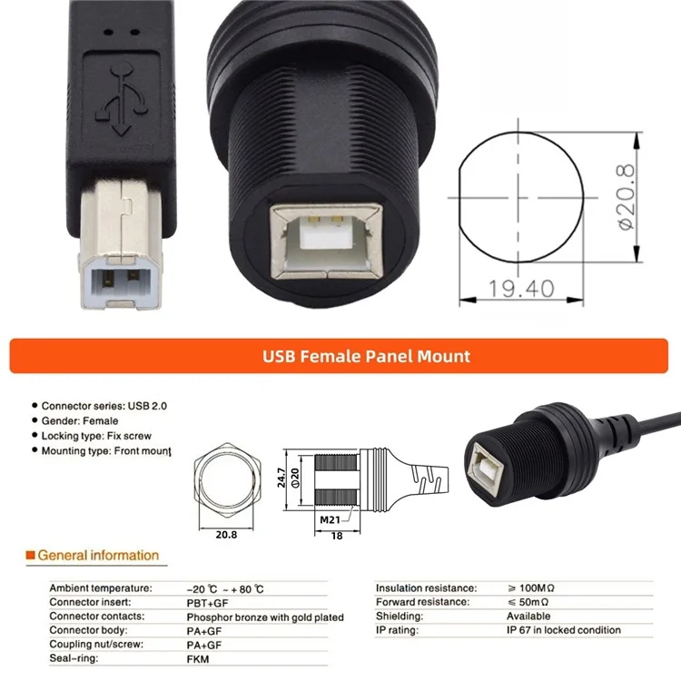 U2-022-1.0M 1m Waterproof 480Mbps USB2.0 Standard B Type Male to Female Extension Data Power Cable Car Panel Mount Design Cord