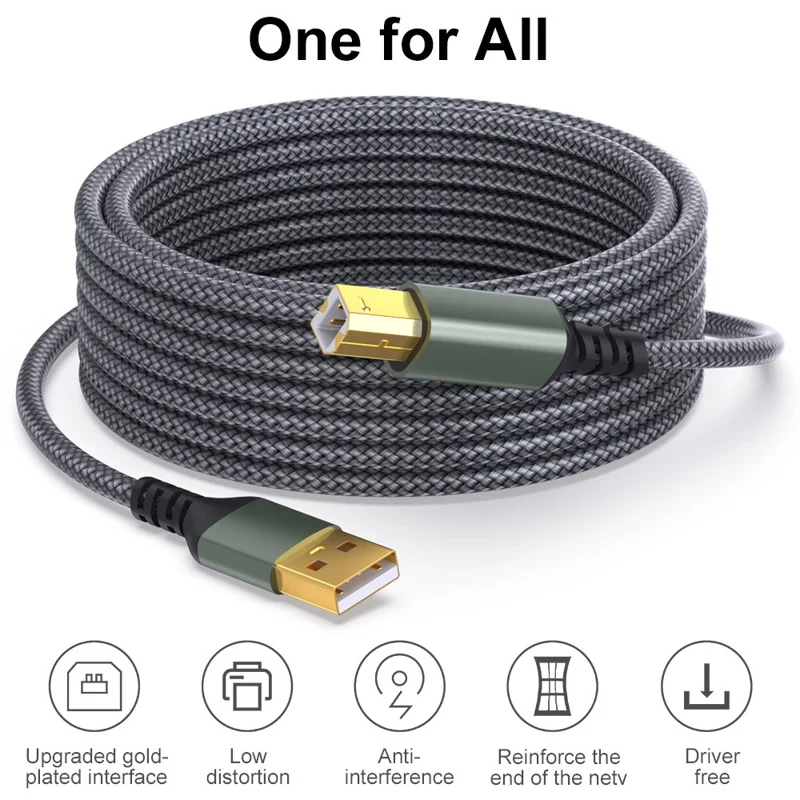 USB Printer Cable 2M Braided USB A to USB B Extension Cord 480Mbps Data Transfer for Device Connection - Grey