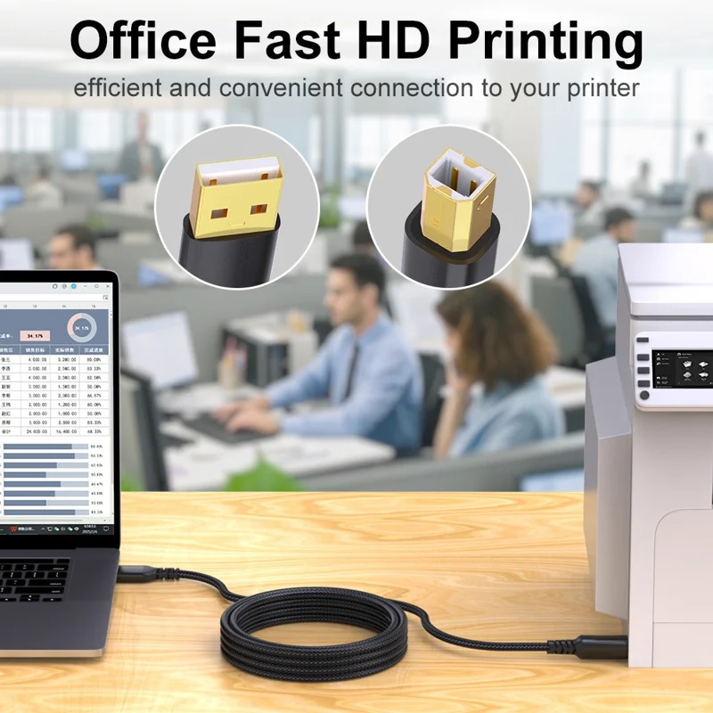 USB Printer Cable 2M Braided USB A to USB B Extension Cord 480Mbps Data Transfer for Device Connection - Grey