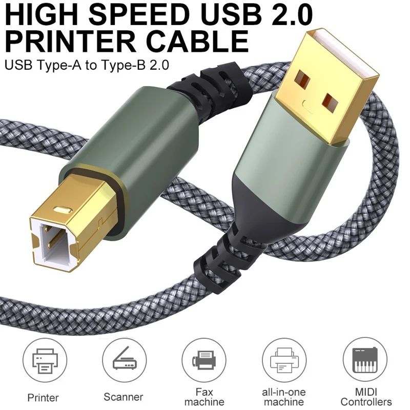 3 м кабель USB-A папа — USB-B 2.0 папа, кабель для принтера, передача данных 480 Мбит/с, оплетка, удлинитель — серый