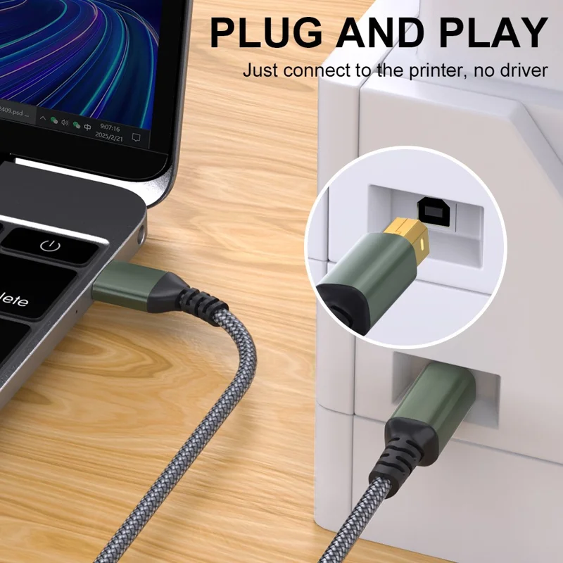 3 м кабель USB-A папа — USB-B 2.0 папа, кабель для принтера, передача данных 480 Мбит/с, оплетка, удлинитель — серый