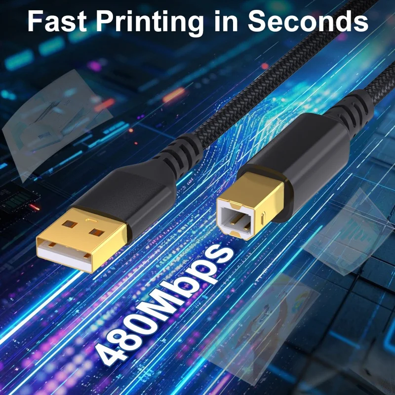 USB Printer Cable 5M Braided USB A to USB B Extension Cord 480Mbps Data Transfer for Device Connection - Grey