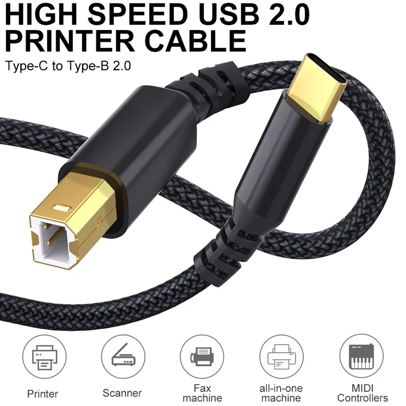 1M Printer Cable USB C to USB B Extension Cable 480Mbps Data Transfer Braided Cable for Windows, MacOS, Linux Systems - Black