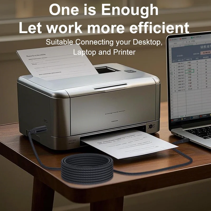 1M Printer Cable USB C to USB B Extension Cable 480Mbps Data Transfer Braided Cable for Windows, MacOS, Linux Systems - Black