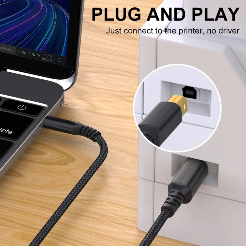 1M Printer Cable USB C to USB B Extension Cable 480Mbps Data Transfer Braided Cable for Windows, MacOS, Linux Systems - Black