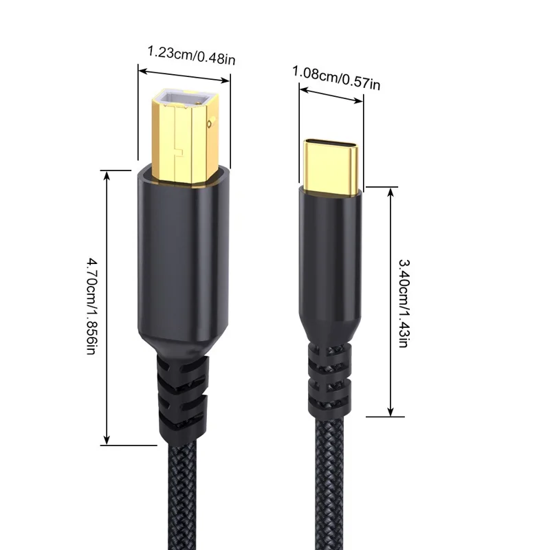 2M Printer Cable USB C to USB B Extension Cable 480Mbps Data Transfer Braided Cable for Windows, MacOS, Linux Systems - Black