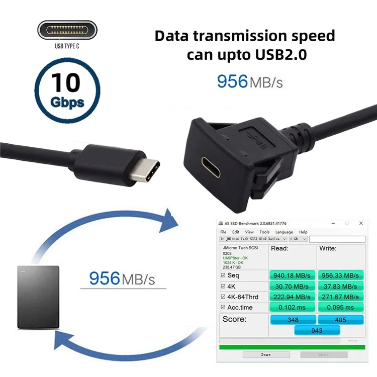 UC-021-1.0M 1m Waterproof USB-C Type-C USB 3.1 10Gbps Extension Flush Car Latch Mount Extension Cable for Dashboard Panel