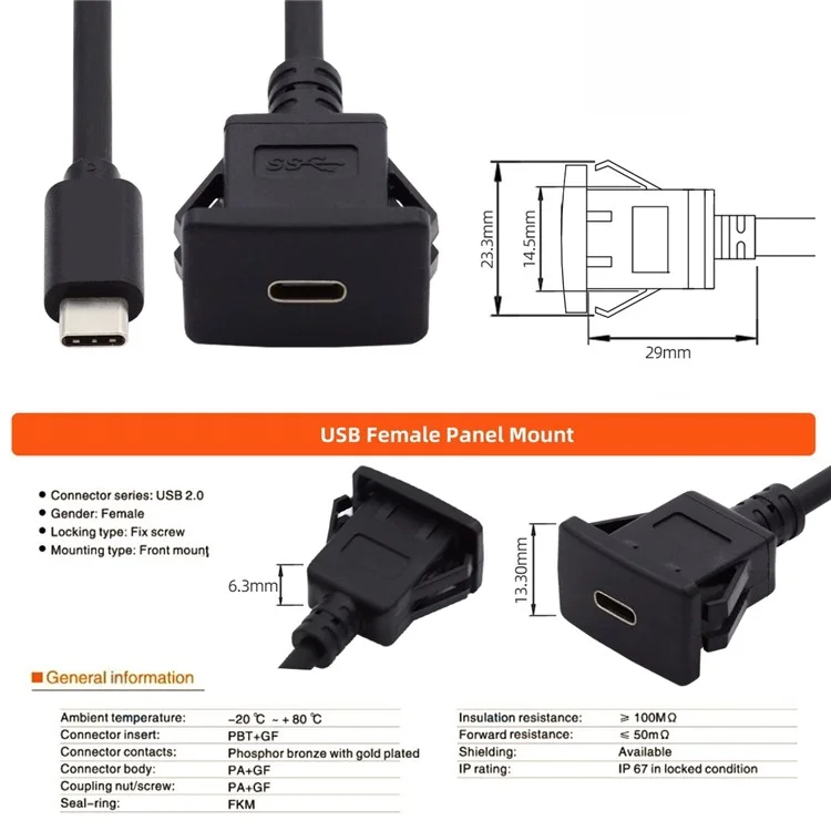 UC-021-1.0M 1m Waterproof USB-C Type-C USB 3.1 10Gbps Extension Flush Car Latch Mount Extension Cable for Dashboard Panel
