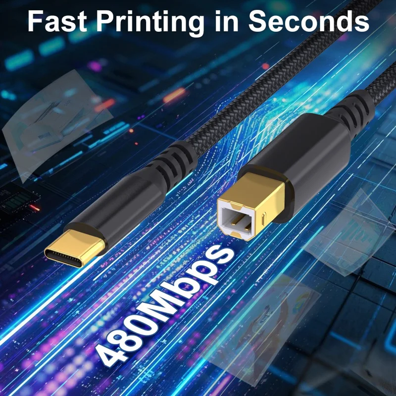 3M Printer Cable USB C to USB B Extension Cable 480Mbps Data Transfer Braided Cable for Windows, MacOS, Linux Systems - Black