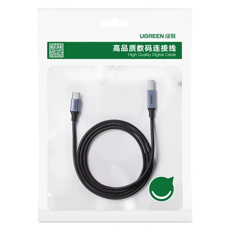 كابل يو جرين US370 80805 بطول 1 متر من يو إس بي-C إلى يو إس بي-B 2.0 مزود بغطاء مضفر، كابل طابعة متوافق مع إبسون / ماك بوك برو / إتش بي / كانون / سامسونج