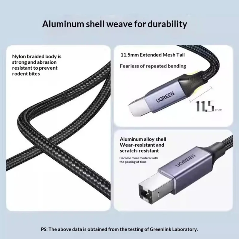 كابل يو جرين US370 80805 بطول 1 متر من يو إس بي-C إلى يو إس بي-B 2.0 مزود بغطاء مضفر، كابل طابعة متوافق مع إبسون / ماك بوك برو / إتش بي / كانون / سامسونج