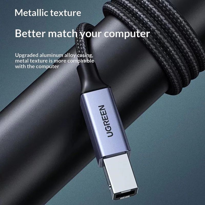 كابل يو جرين US370 80805 بطول 1 متر من يو إس بي-C إلى يو إس بي-B 2.0 مزود بغطاء مضفر، كابل طابعة متوافق مع إبسون / ماك بوك برو / إتش بي / كانون / سامسونج