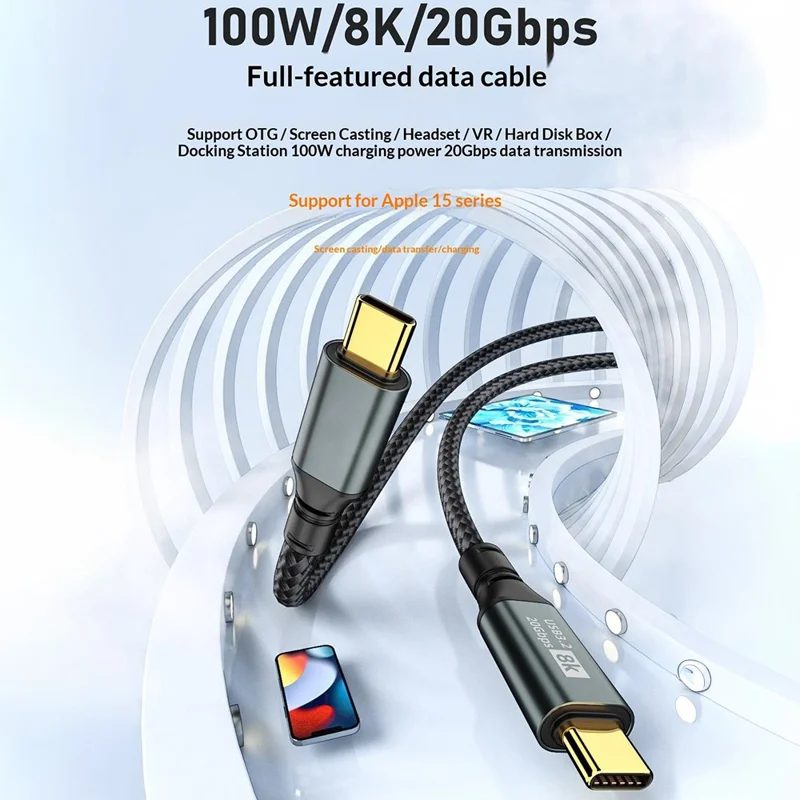 D33220 Cabo USB 3.2 Tipo-C para Tipo-C 2m 8K 20 Gbps 100 W Carregamento Rápido Cabo de Dados - Preto