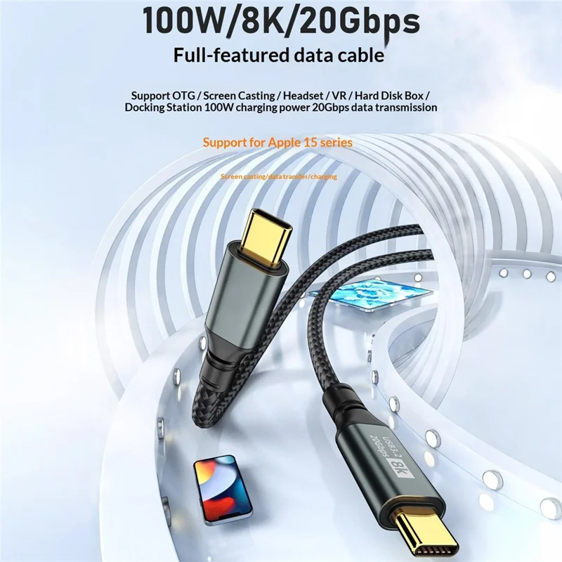 D33230 Cabo USB 3.2 Tipo-C para Tipo-C 3m 8K 20 Gbps 100 W Cabo de Dados de Carregamento Rápido - Preto