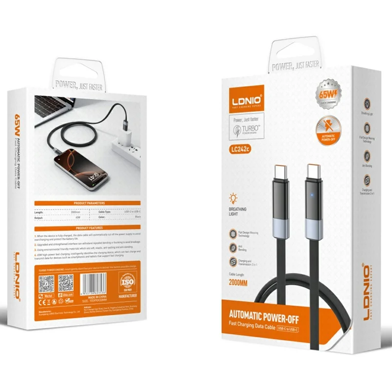 LDNIO LC241C Cable USB-C a USB-C de 2 m, Carga Rápida PD de 65 W, Cable de Datos con Apagado Automático - Negro
