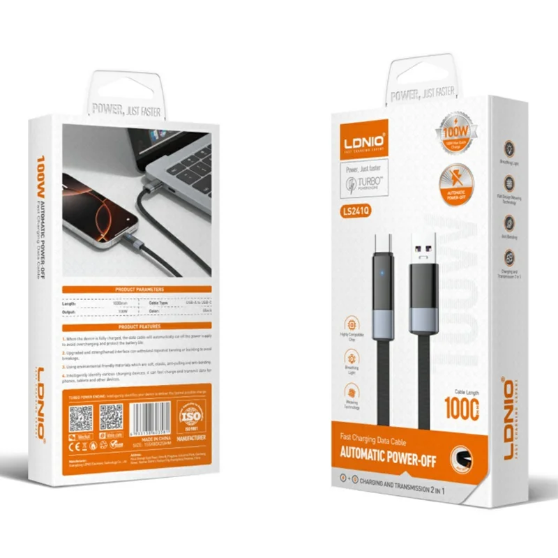 Câble USB vers Type-C LDNIO LS241Q 1 m, Recharge Rapide PD 100 W, Câble de Données avec Arrêt Automatique pour Téléphone et Ordinateur Portable - Gris