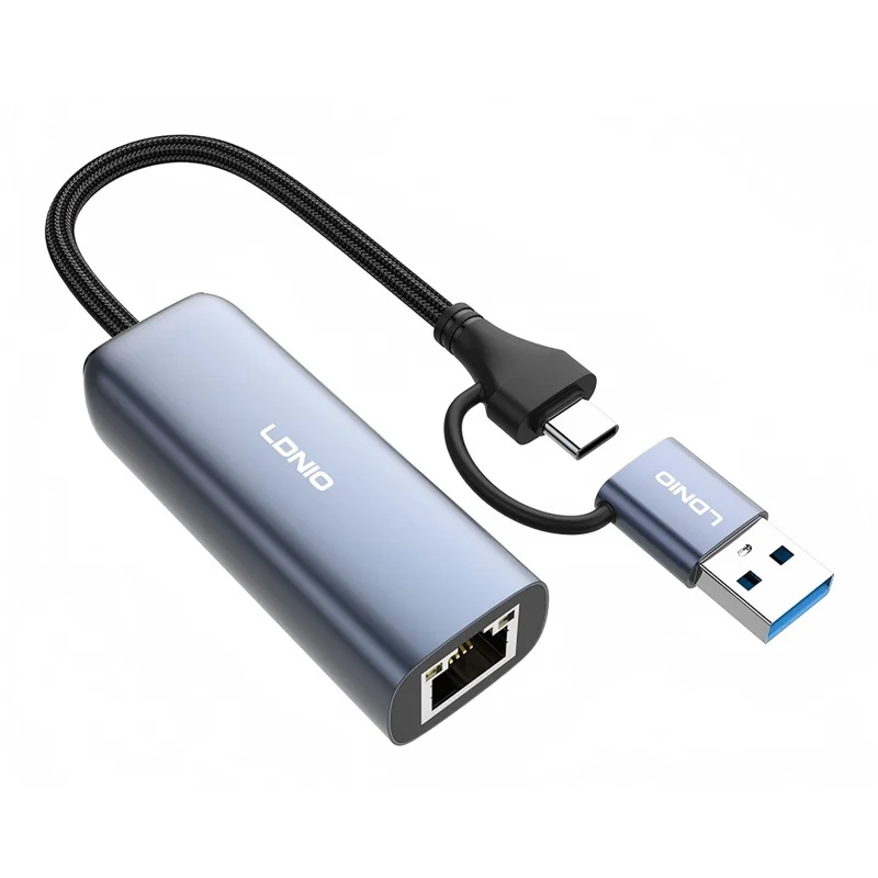 LDNIO RJ-01UC USB-A + USB-C to RJ45 Gigabit Ethernet Adapter Dual Port Wired Network Converter for Laptop Desktop - Grey