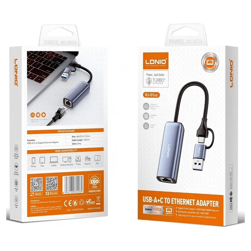 LDNIO RJ-01UC USB-A + USB-C to RJ45 Gigabit Ethernet Adapter Dual Port Wired Network Converter for Laptop Desktop - Grey