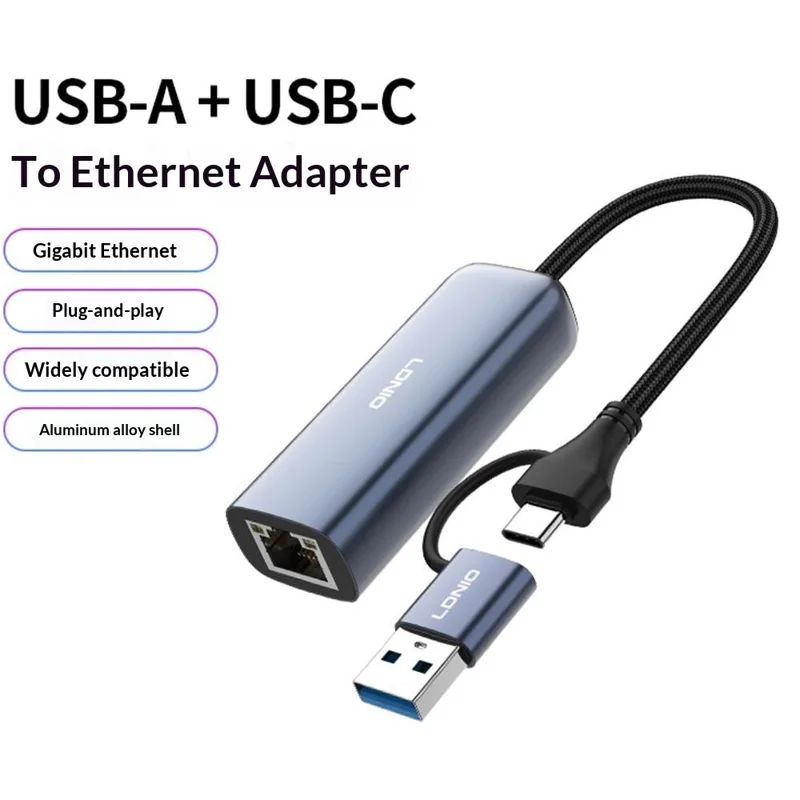 LDNIO RJ-01UC USB-A + USB-C to RJ45 Gigabit Ethernet Adapter Dual Port Wired Network Converter for Laptop Desktop - Grey