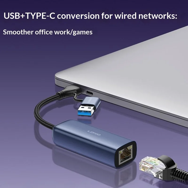 LDNIO RJ-01UC USB-A + USB-C to RJ45 Gigabit Ethernet Adapter Dual Port Wired Network Converter for Laptop Desktop - Grey