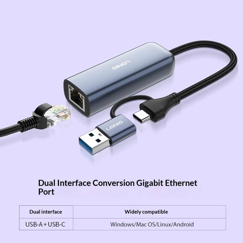 LDNIO RJ-01UC USB-A + USB-C to RJ45 Gigabit Ethernet Adapter Dual Port Wired Network Converter for Laptop Desktop - Grey