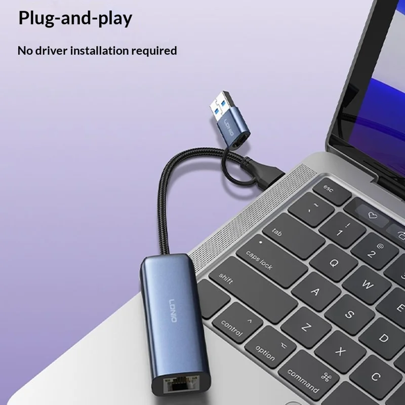 LDNIO RJ-01UC USB-A + USB-C to RJ45 Gigabit Ethernet Adapter Dual Port Wired Network Converter for Laptop Desktop - Grey