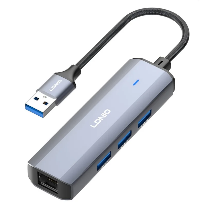 LDNIO DS-124U USB-A to RJ45 + 3xUSB3.0 Hub Gigabit Ethernet Adapter 4-in-1 Docking Station for Laptop PC - Grey