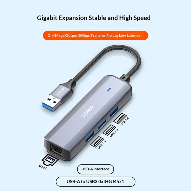 LDNIO DS-124U USB-A to RJ45 + 3xUSB3.0 Hub Gigabit Ethernet Adapter 4-in-1 Docking Station for Laptop PC - Grey