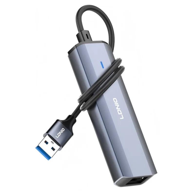 LDNIO DS-124U-1.2M USB-A to RJ45 + 3xUSB3.0 Hub with 1.2m Cable Gigabit Ethernet Adapter 4-in-1 Docking Station for Laptop PC - Grey