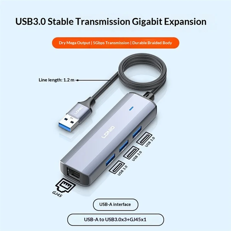 LDNIO DS-124U-1.2M USB-A to RJ45 + 3xUSB3.0 Hub with 1.2m Cable Gigabit Ethernet Adapter 4-in-1 Docking Station for Laptop PC - Grey