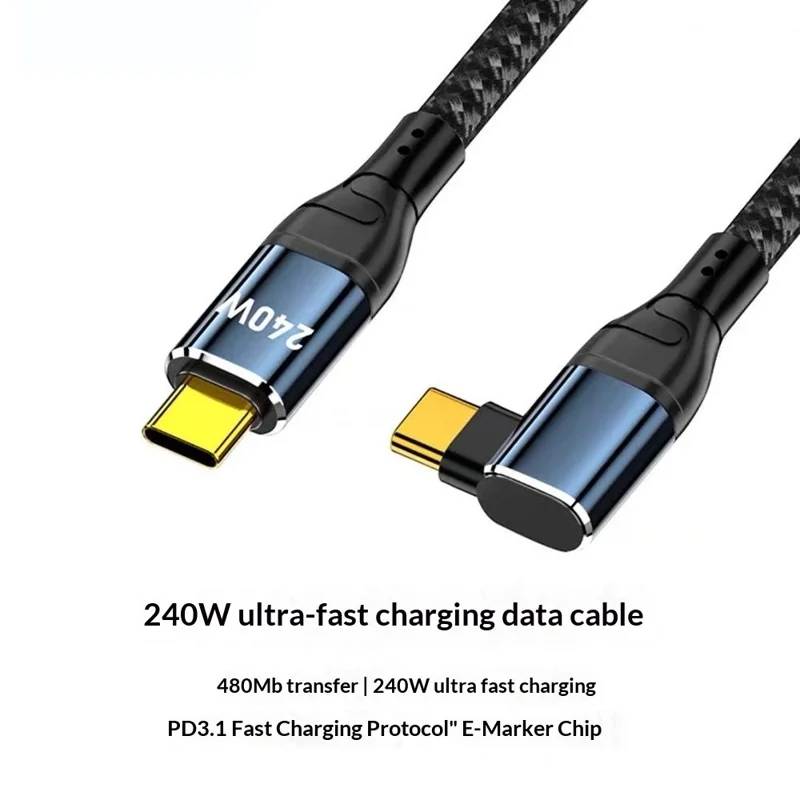 D24115  1.5m Side Right-Angle USB-C to USB-C Cable 240W PD 3.1 Fast Charging E-Marker Chip Data Cord for Laptop - Black