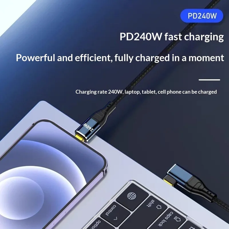 D24115  1.5m Side Right-Angle USB-C to USB-C Cable 240W PD 3.1 Fast Charging E-Marker Chip Data Cord for Laptop - Black
