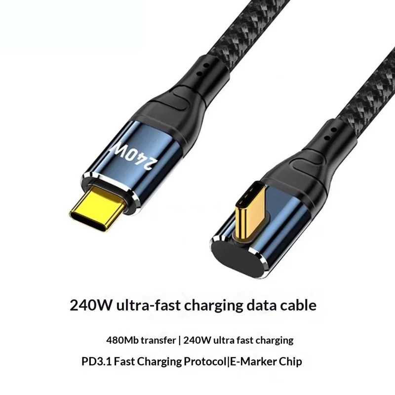 D24220 2 m Centralny Kątowy Kabel USB-C do USB-C Ładowanie Szybkie PD 240 W Kabel Danych dla Laptopa – Czarny