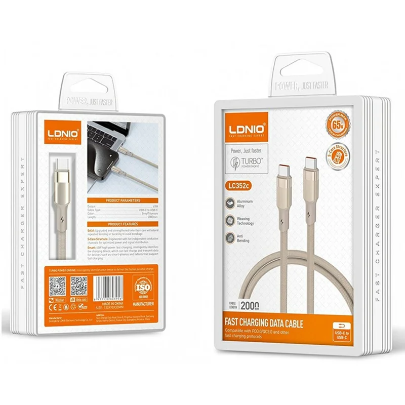 LDNIO LC352C 2m USB-C auf USB-C Geflecht-Kabel 65W PD Schnellladung Datenkabel mit verstärktem Metallstecker für Laptop Handy - Schwarz