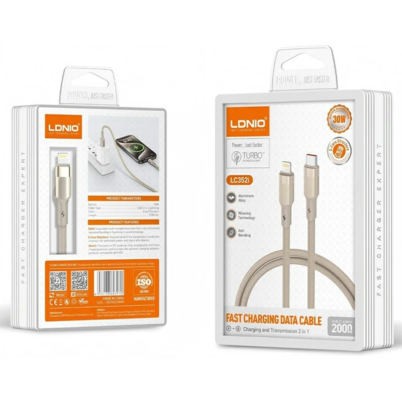 LDNIO LC352i 2m USB-C to iP (5-14) Braided Cable 30W PD Fast Charging Data Cable with Reinforced Metal Connector for iPhone iPad - Black