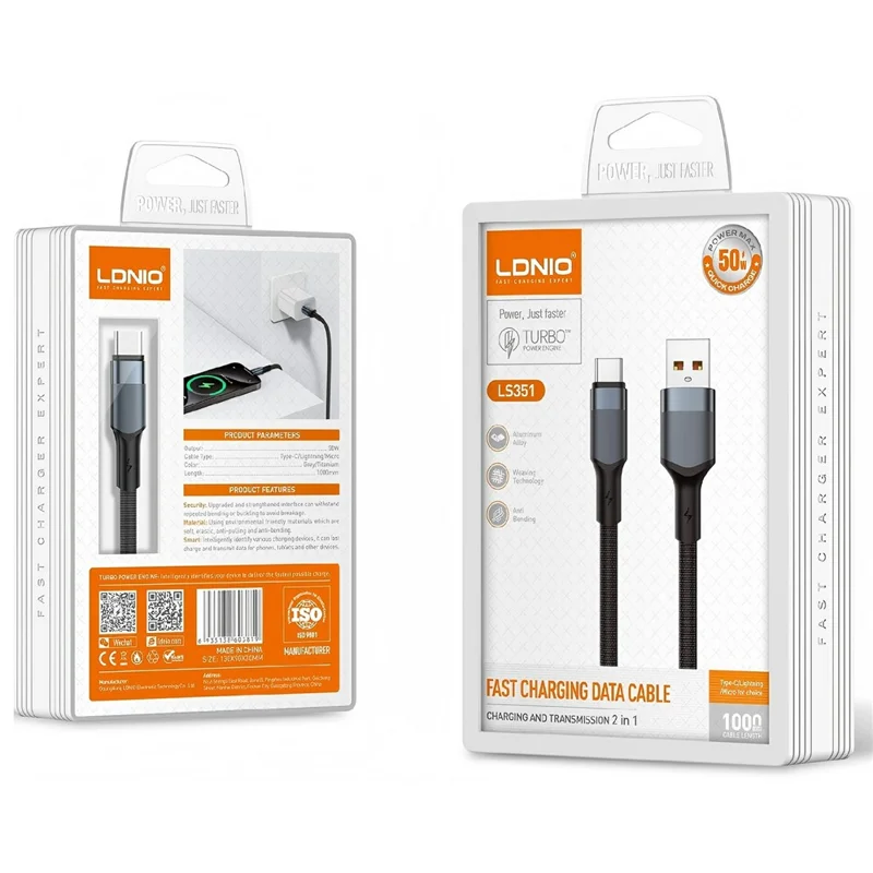 Cable LDNIO LS351-M 1m USB-A to Micro USB Cable 50W Fast Charging Braided Date Cable for Android - Black