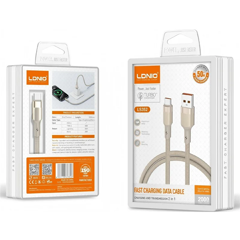 LDNIO LS352-M 1m USB-A to Micro-USB Cable 50W Fast Charging Braided Data Cable with Reinforced Metal Connector - Titanium Gold